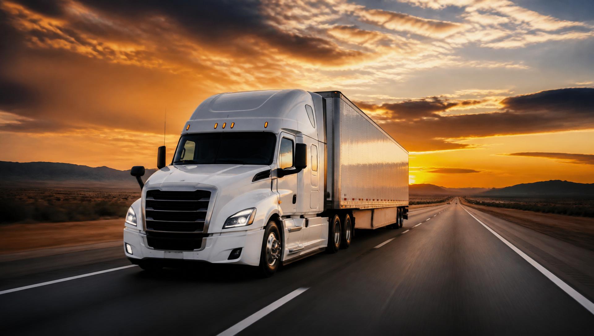 Semi-truck on open highway at sunset